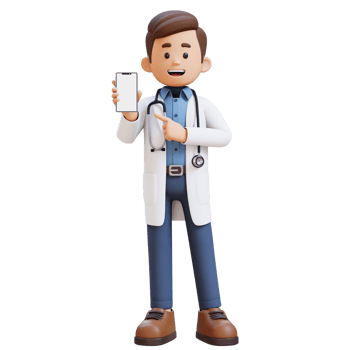 3D Doctor Character Pointing to Empty Phone Screen. Suitable for Medical content png