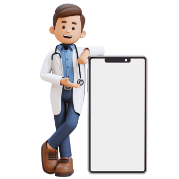 3D Doctor Character Presenting and Lying on Big Empty Phone Screen. Suitable for Medical content png
