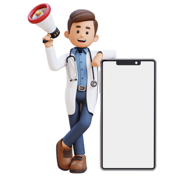 3D Doctor Character Holding Megaphone and Lying on Big Empty Phone Screen. Suitable for Medical content png