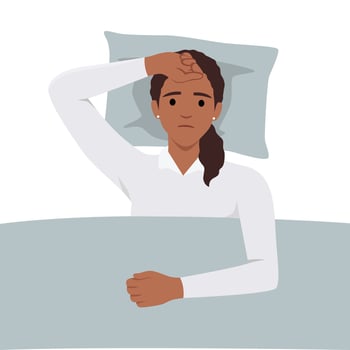 Young woman suffers from insomnia cause of mental problems, insomniac ideas. Girl lying in bed, thinking about deadline. vector