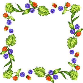 Watercolor wild berries frame. Hand drawn floral card design with natural elements strawberry, blueberry branches and leaves. png