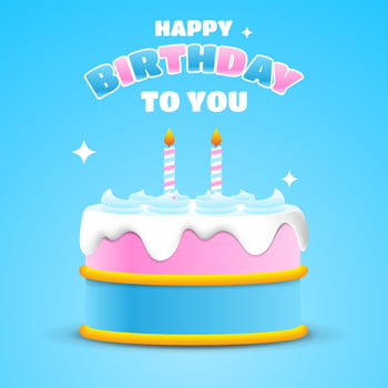 3D birthday cake vector illustration. happy birthday card design with blue, white and pink color