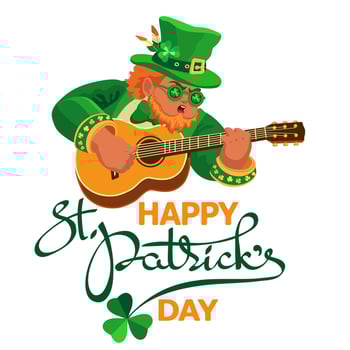 Happy Saint Patricks Day. Leprechaun, guitar, shamrock. Hand-drawn lettering, Vector. vector