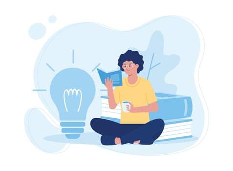 woman holding a cup of coffee and reading a book concept flat illustration vector