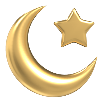 Islamic crescent moon and star icon. Golden Moon and star 3d icon. Symbol shape design for islamic concept. 3D render illustration png