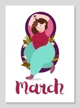 International Womens Day vertical poster. Self care, love yourself icon or body positive concept. Joyful girl shows heart with hands. Invitation with number 8 and spring plants. Vector illustration.