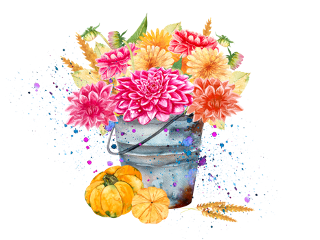 Watercolor bouquet with dahlias and autumn flowers in a bucket with pumpkins, hand-drawn autumn composition. For postcard design png