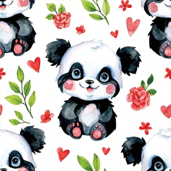 watercolor seamless pattern with cute baby tropical animals. panda bear vector