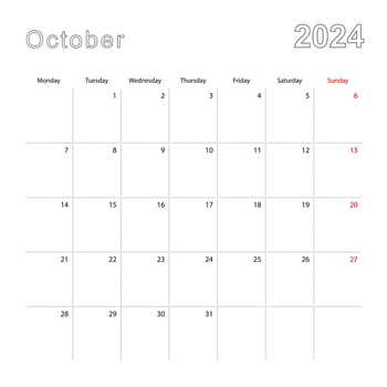 Simple wall calendar for October 2024 with dotted lines. The calendar is in English, week start from Monday. vector