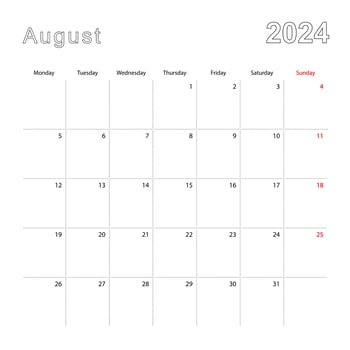 Simple wall calendar for August 2024 with dotted lines. The calendar is in English, week start from Monday. vector
