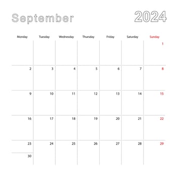 Simple wall calendar for September 2024 with dotted lines. The calendar is in English, week start from Monday. vector