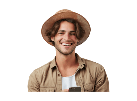 AI generated Unshaven guy smiling while using mobile cellphone png