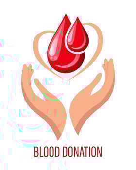 World Donor Day, heart and drops of blood in hands. Medicine concept. Banner, poster, vector