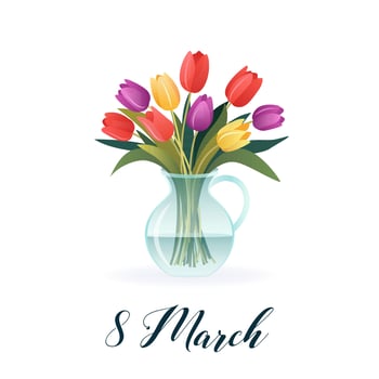 International Women's Day. 8 March. Banner, postcard with isolated bouquet of tulips in vase. Spring flowers on white background. Modern vector design for poster, campaign, social media post.