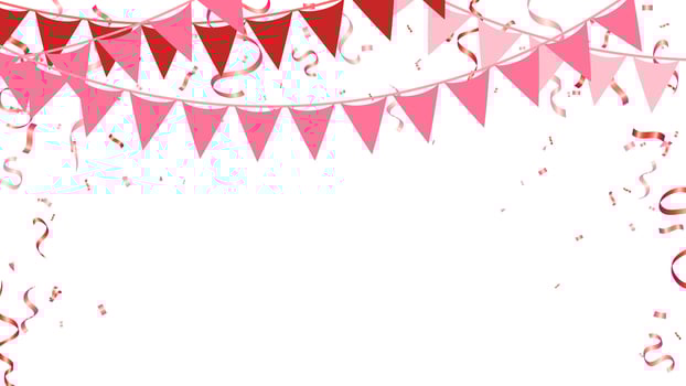 pink and red party flags with confetti falling on transparent background. celebration and birthday. vector illustration