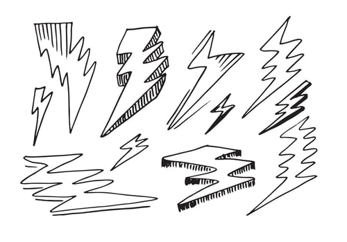 set of hand drawn vector doodle electric lightning bolt symbol sketch illustrations. thunder symbol doodle icon .