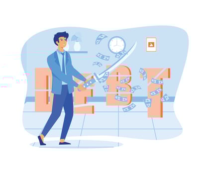 Cut debt Businessman cuts debt word with sword. Money flying, blue background. Reduce, cut and eliminate debt concept. flat vector modern illustration