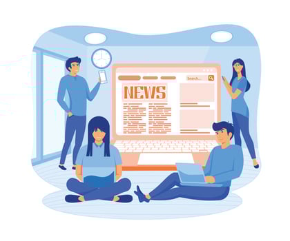 Online news. Modern young men and women use smart phones to read news.  flat vector modern illustration