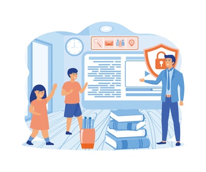 Father using content control software. Dad provides safe internet for children.  flat vector modern illustration