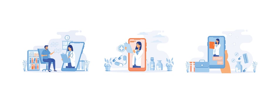 Consult Online Doctor, Online medical services, consultation and telemedicine concept, consultations and treatment using a smartphone, internet connected hospital. vector