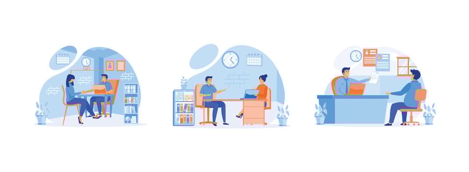 Jobseeker and employer sit at the table and talk, Businesswoman talking to candidate on interview, HR manager and candidate.  Job interview set flat vector modern illustration