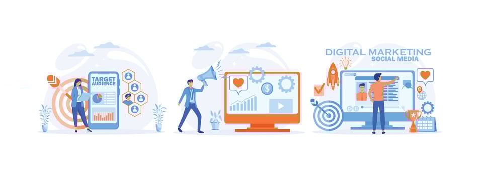 Target audience. Reputation management. Digital marketing.  Digital marketing set flat vector modern illustration