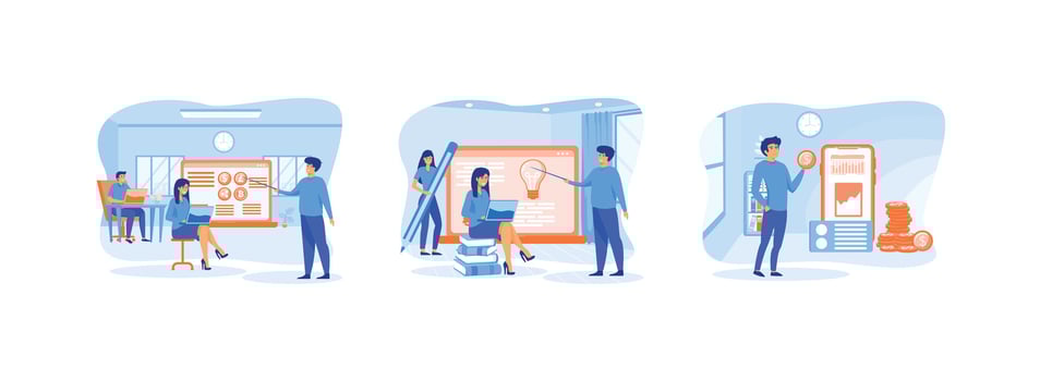 Businessman learning financial literacy. Accountant presents projects, analyzes statistics and manages money. Financial education set flat vector modern illustration