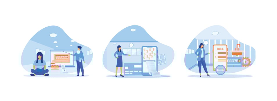 Household services online, woman paying bills online, Utility bill in smart phone app. Utility bills set flat vector modern illustration