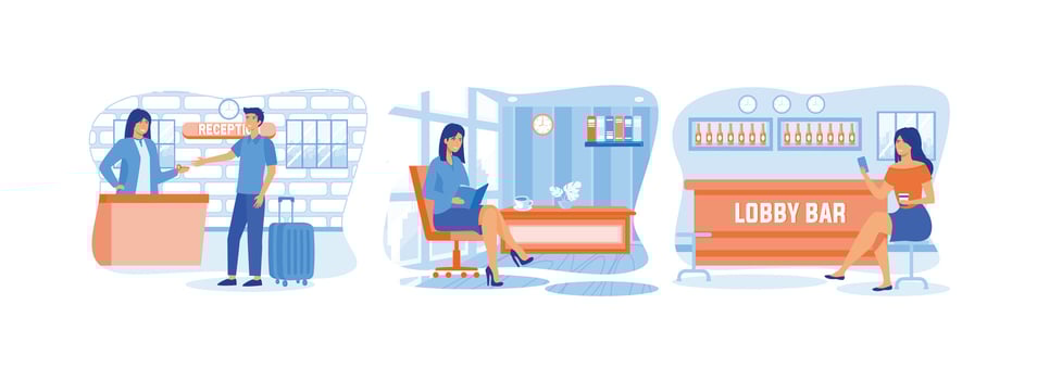Hotel service check-in at the reception, accommodation, business lobby, hotel lobby bar, work travel, with a cell phone in her hand. Hotel service set flat vector modern illustration
