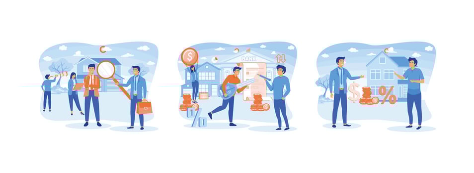 Real estate business concept, House loan, money investment to real estate, People buying home with mortgage loan, real estate investment. Real estate business 2 set flat vector modern illustration