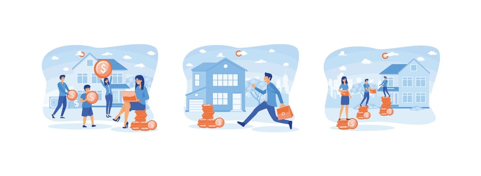 People invest money in property, Buys a House with a Mortgage and Pays Credit to the Bank, Investing Money in Real Estate Property. Real estate investment set flat vector modern illustration