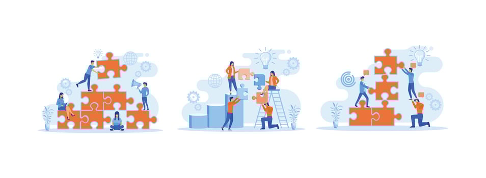 Metaphor of cooperation and business partnership, Team work, team building, organization and partnership, problem solving, creative solution. Team Building set flat vector modern illustration