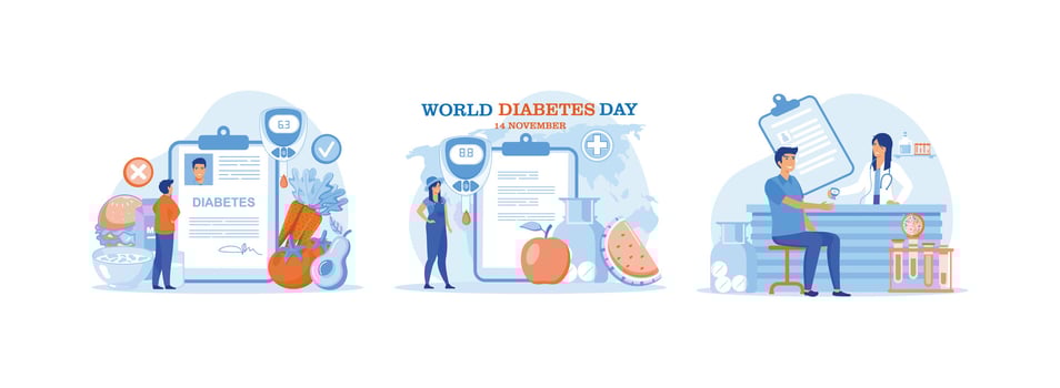 Glucometer for sugar level blood test with diet and unhealthy food, Medicine diabetes concept, Doctor giving consultation for blood state control. Diabetes Level set flat vector modern illustration