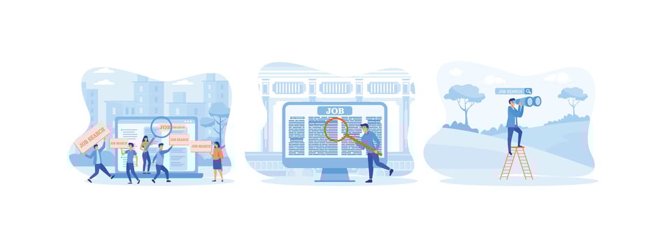 Employees looking for job, Laptop with Vacancy Article on Monitor, job search bar with binocular to see opportunity and vacancy. set flat vector modern illustration