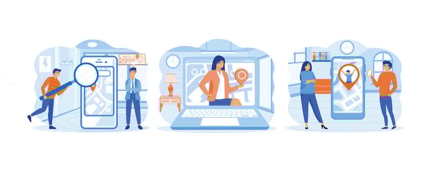 Company Geo location Logistics Analysis.  Geo location and navigation. Children protection and safety. set flat vector modern illustration