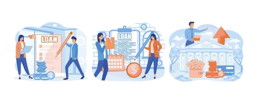 Business loan, take money from bank. Loan restructuring. Searching Business Loan Offer. set flat vector modern illustration