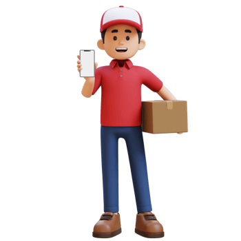 3D Delivery Man Character presenting Empty Phone Screen and Carrying Parcel Box png
