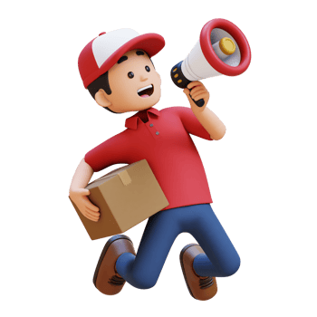 3D Delivery Man Character Holding Megaphone with Parcel Box png