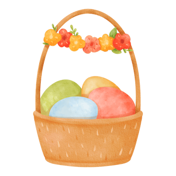 Cartoon-style wooden basket with a tall handle. Woven crate filled with colorful Easter eggs. Adorned with a wreath of vibrant spring flowers. Eco-friendly product. Watercolor isolated illustration png