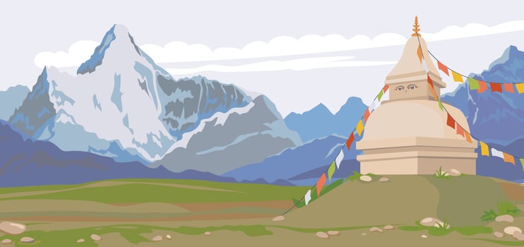 View of the Himalayas, Buddhist stupa decorated with flags. Mountain horizontal landscape of Nepal. Vector illustration, flat style. Religious place of worship and prayer.