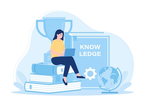 A woman reading with a stack of books concept flat illustration vector