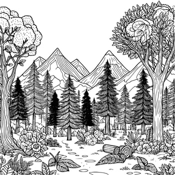 hand drawn mountain and tree coloring book illustration. black and white mountain outline illustration vector
