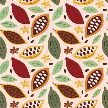 Cocoa fruits and leaves, cocoa beans pattern vector