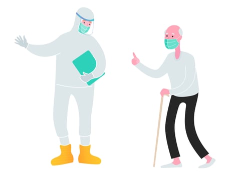 Male nurse with hazmat suit helping an elderly man. Healthcare, hospital admission. Vector illustration.