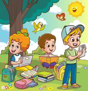 Vector Illustration of Children's Education. Children using tablets and phones. Use of technology in education. social media and children.