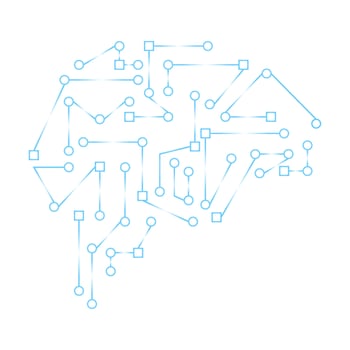 Blue gradient electronic circuit board in brain shape vector illustration. Technology, science, futuristic mind.