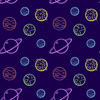 Colorful planets on dark blue background vector seamless pattern. Wallpaper, print, fabric, textile, wrapping paper, packaging design