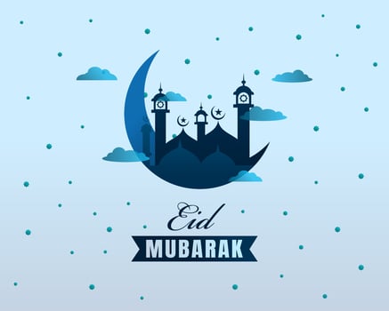 Eid mubarak greeting card background with mosque and moon free vector illustration