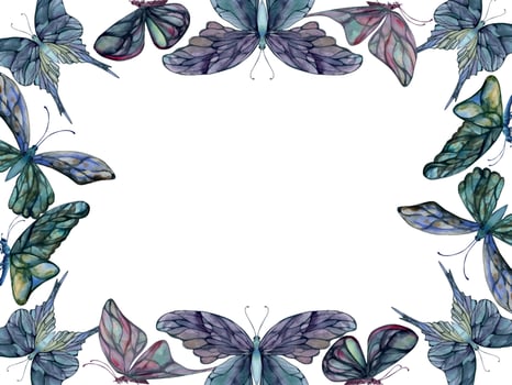 Hand drawn watercolor illustration butterfly fairy wings gem crystal insect moth. Amethyst emerald fluorite moonstone. Horizontal frame isolated white background. Design print, shop, wedding, birthday vector