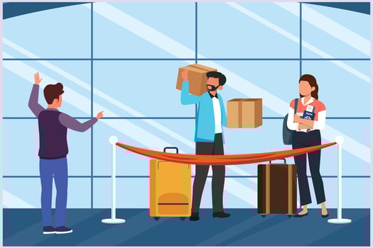 Happy people traveling at airport. Concept of passenger activities at the airport. Colored flat vector illustration isolated.